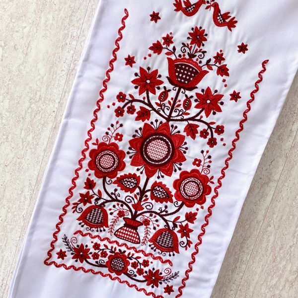 Весільний рушник &laquo;Дерево життя з птахами&raquo; 180&times;32 см &ndash; традиційна червоно-біла вишивка 78432 фото