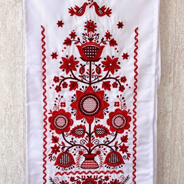 Весільний рушник &laquo;Дерево життя з птахами&raquo; 180&times;32 см &ndash; традиційна червоно-біла вишивка 78432 фото