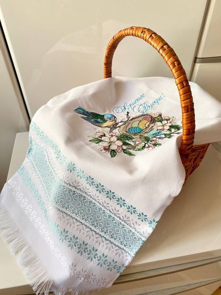 Пасхальний рушник на кошик &laquo;Христос Воскрес&raquo; з пташкою та писанками, 74&times;32 см, машинна вишивка 39865 фото